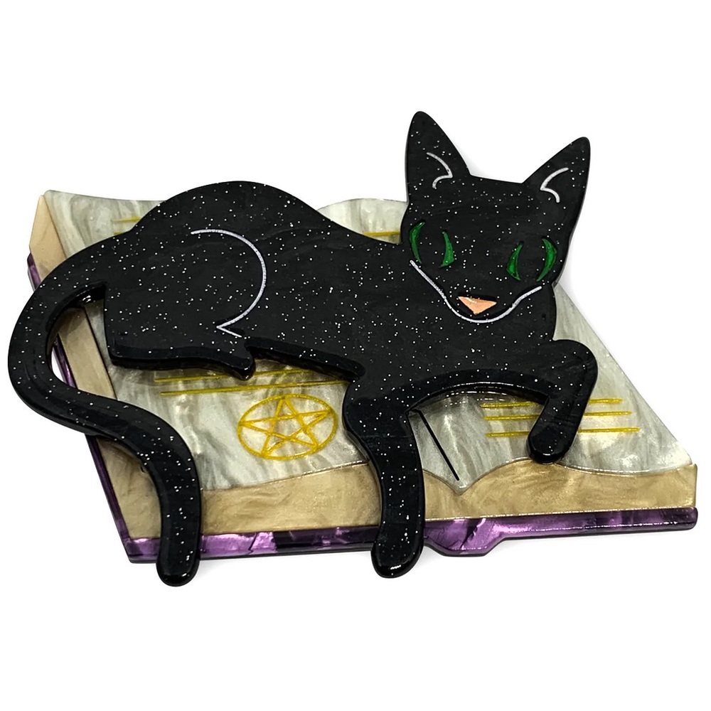 Lipstick & Chrome Furmiliar Pyewacket Black Cat Book Halloween Brooch
